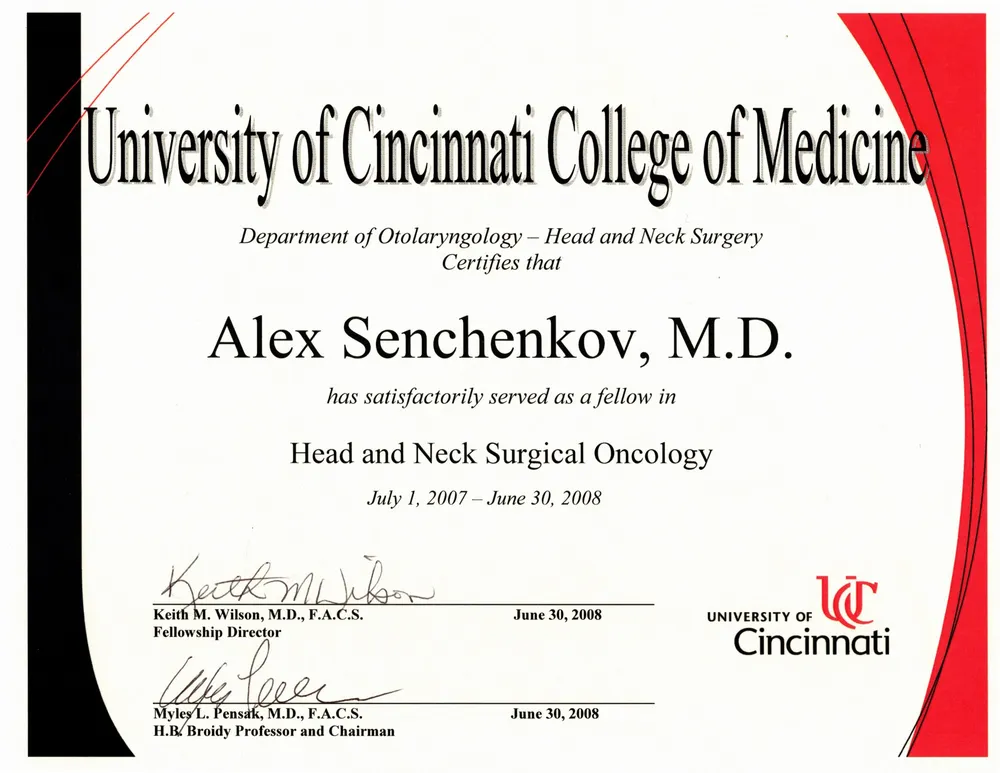 University of Cincinnati College of Medicine — Head and Neck Surgical Oncology Fellowship Certificate