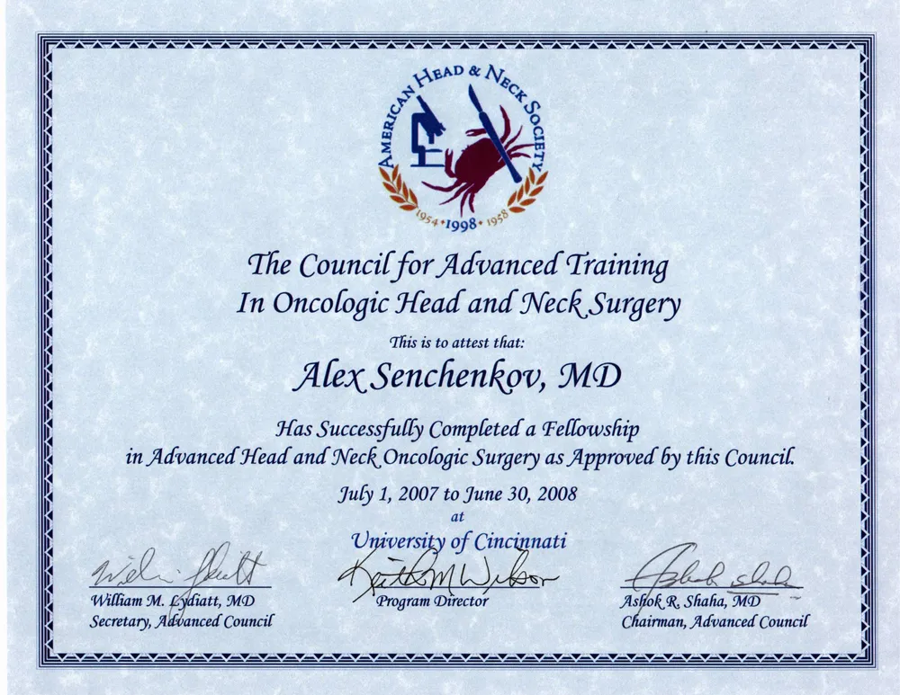 American Head and Neck Society — Advanced Head and Neck Oncology Fellowship Certificate