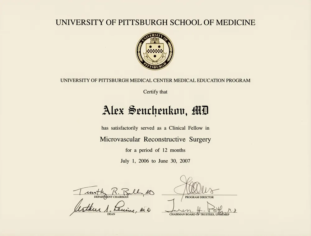 University of Pittsburgh School of Medicine — Microvascular Reconstructive Surgery Fellowship Certificate
