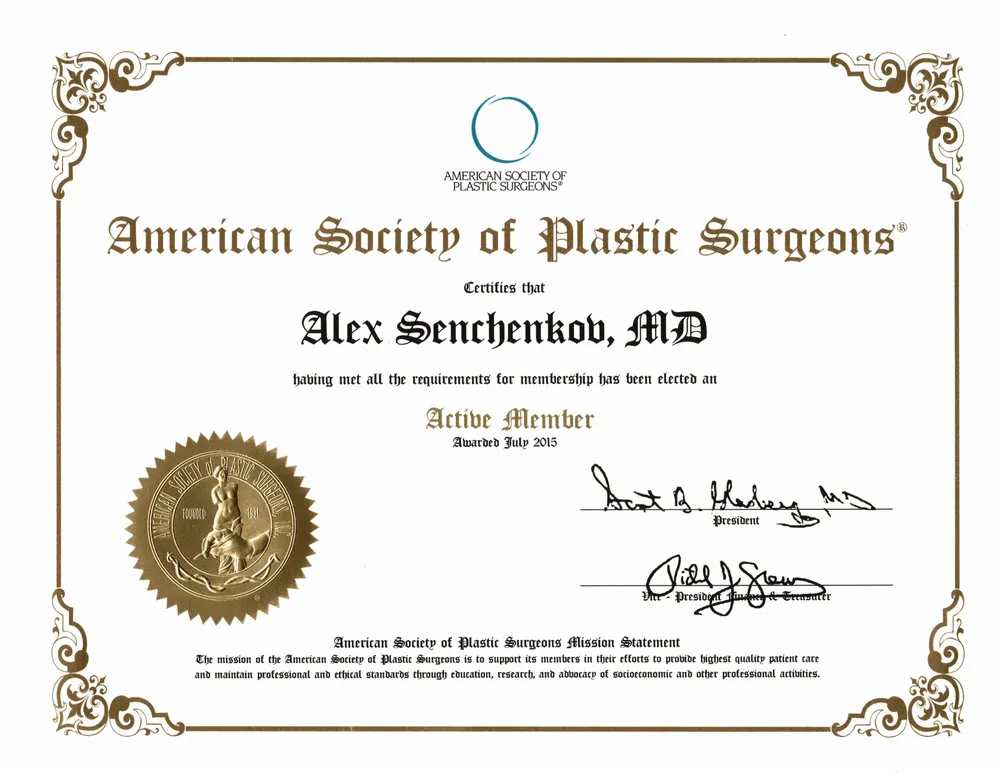 American Society of Plastic Surgeons — Active Member Certificate, 2015