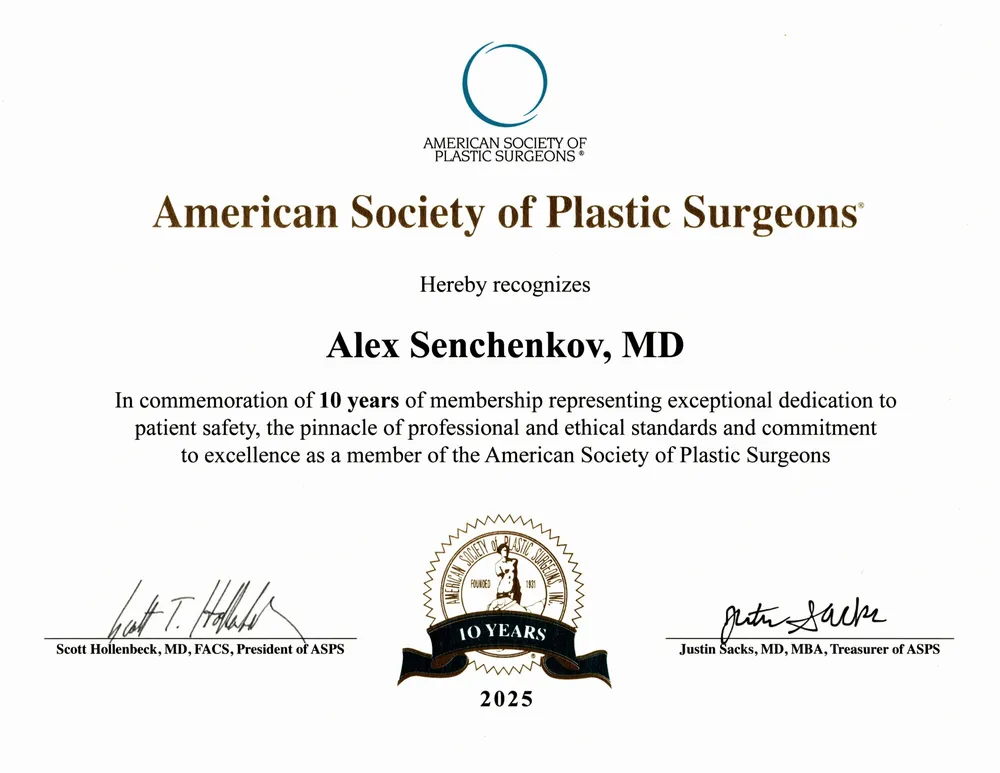 American Society of Plastic Surgeons — 10-Year Membership Recognition, 2025